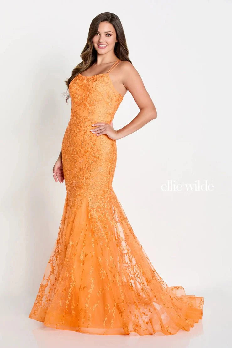 Ellie Wilde EW122032 - Scoop Embroidered Prom Gown Prom Dresses 0 / Orange