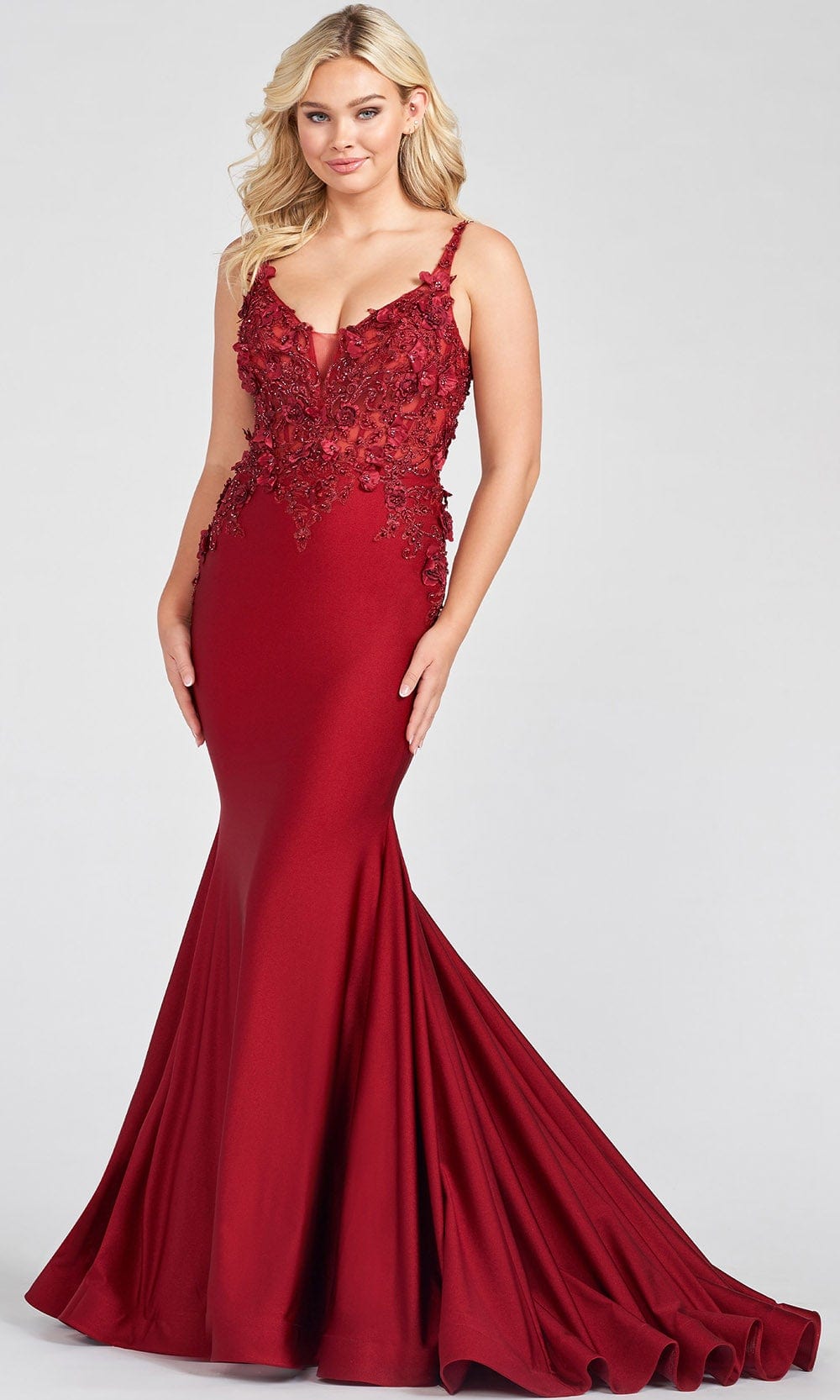 Ellie Wilde EW122041 - Floral Detailed Prom Gown Special Occasion Dress 00 / Wine