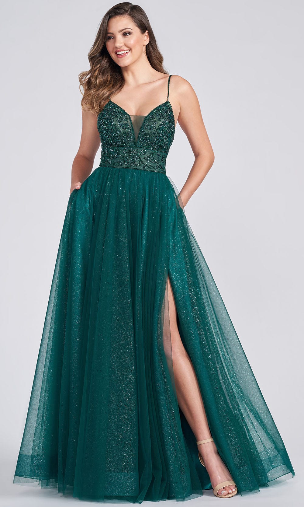 Ellie Wilde EW122066 - Lace Up Back Adorned Bodice A Line Gown Prom Dresses 00 / Emerald