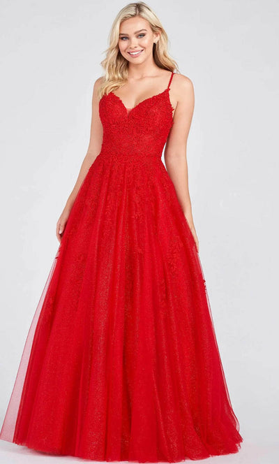 Ellie Wilde EW122076 - Laced V-Neck Evening Dress Evening Dresses 00 / Red