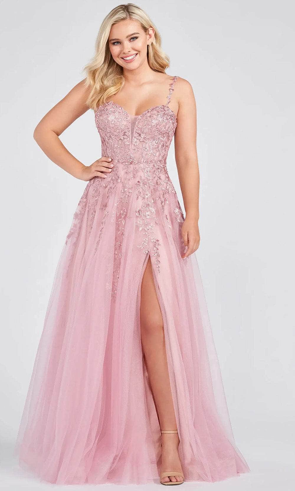 Ellie Wilde EW122093 - Sleeveless Floral Applique Long Dress Prom Dresses 00 / Rose