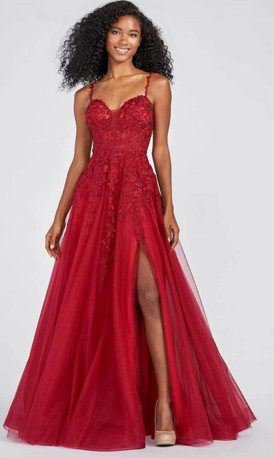 Ellie Wilde EW122093 - Sleeveless Floral Applique Long Dress Prom Dresses 00 / Wine