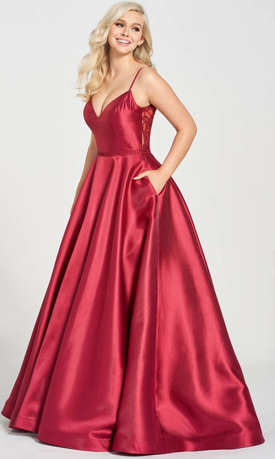 Ellie Wilde EW122108 - Plunging V Inseam Pockets Mikado Ball gown Special Occasion Dress 00 / Merlot