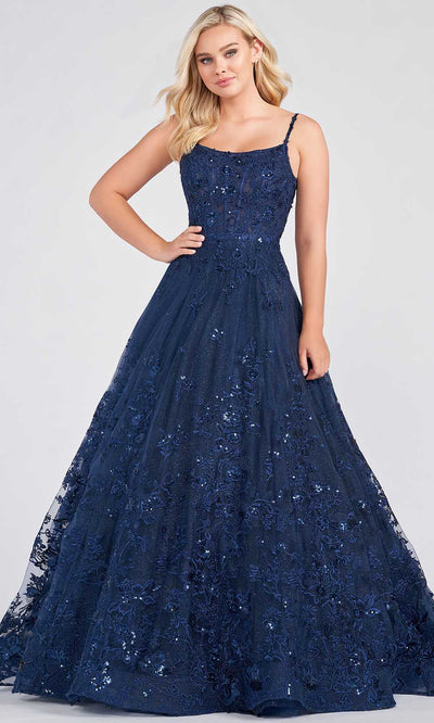 Ellie Wilde EW122109 - Scoop Floral Prom Dress Prom Dresses 00 / Navy Blue