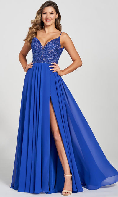 Ellie Wilde EW122121 - Lace Applique With Stone Accents Chiffon A-line Gown Prom Dresses 00 / Royal Blue
