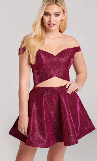 Ellie Wilde - EW22018S Off Shoulder Two Piece Glitter Stretch Dress Homecoming Dresses 00 / Magenta