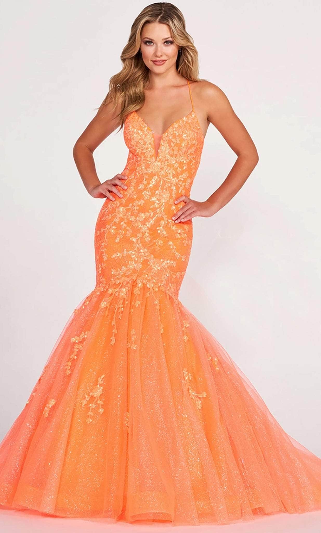 Ellie Wilde EW34011 - Glitter Plunging V Neckline Evening Dress Pageant Dresses 00 / Orange