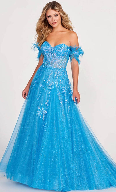 Ellie Wilde EW34013 - Feathered Off Shoulder A-line Gown Prom Dresses 00 / Ocean Blue