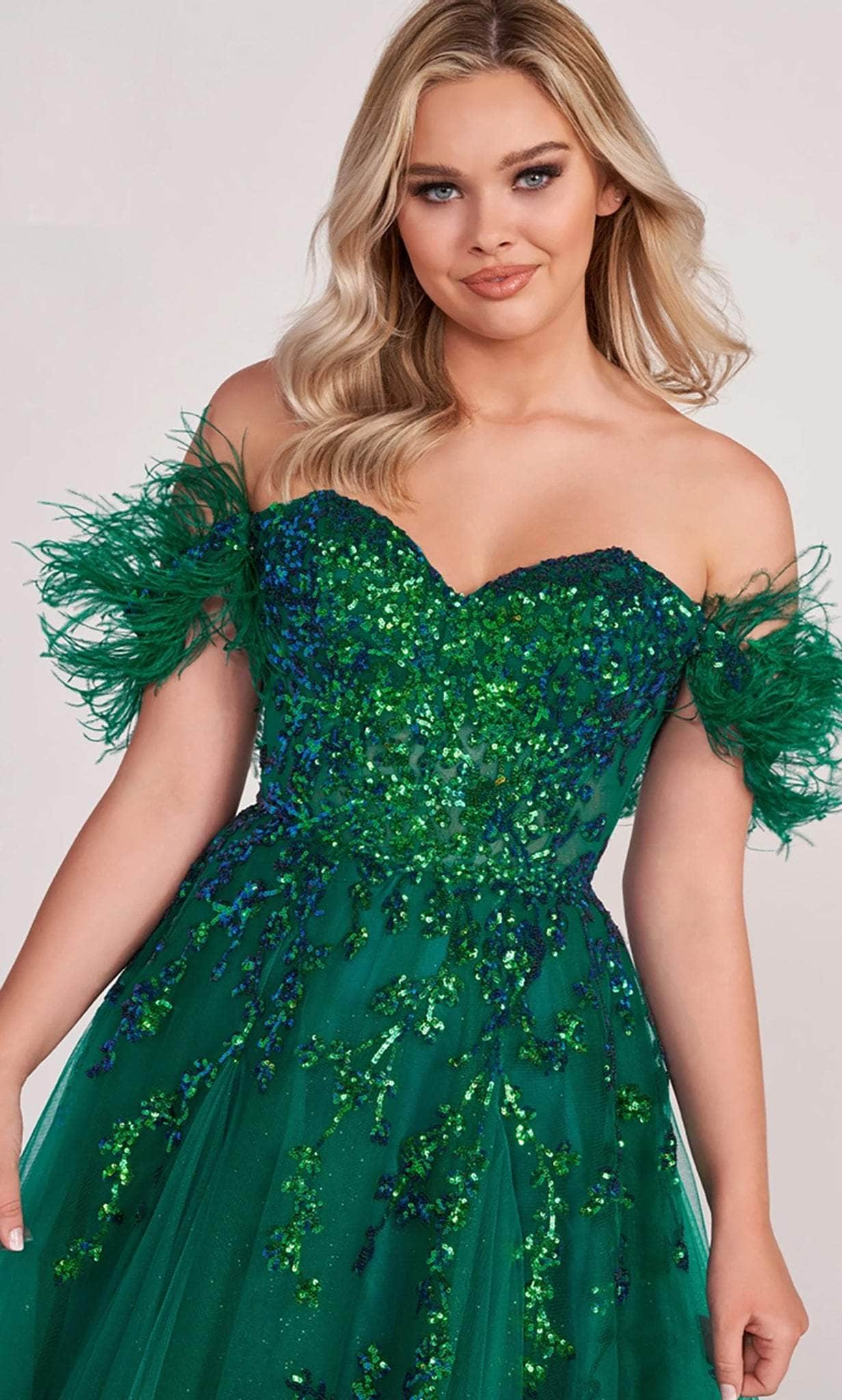 Ellie Wilde EW34013 - Feathered Off Shoulder A-line Gown Prom Dresses