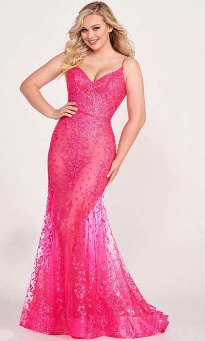 Ellie Wilde EW34030 - V-Neck Embroidered Evening Gown Evening Dresses 00 / Hot Pink
