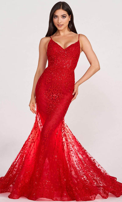 Ellie Wilde EW34030 - V-Neck Embroidered Evening Gown Evening Dresses 00 / Red