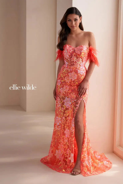 Ellie Wilde EW34034 - Feather trim Sweetheart Evening Dress Evening Dresses 00 / Coral