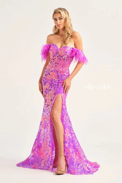 Ellie Wilde EW34034 - Feather trim Sweetheart Evening Dress Evening Dresses 00 / Purple Rain