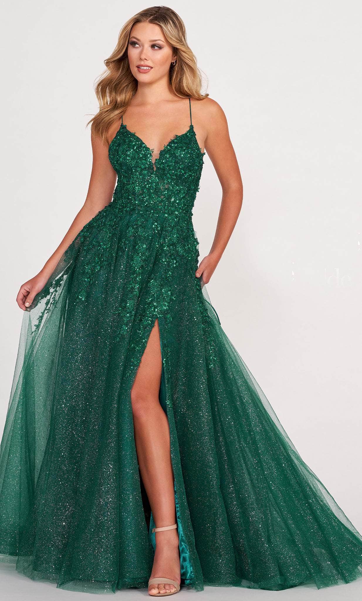 Ellie Wilde EW34053 - Sequined Glitter Tulle A-line Prom Gown Prom Dresses 00 / Emerald