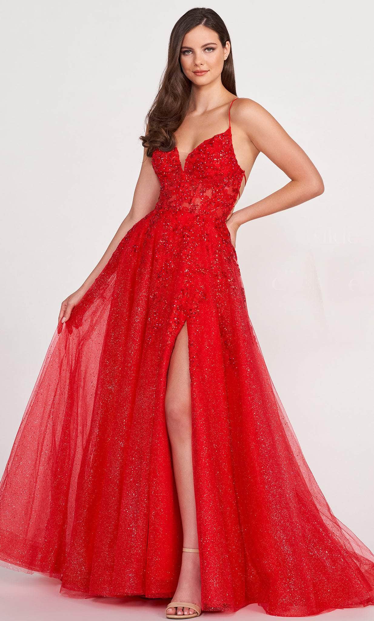 Ellie Wilde EW34053 - Sequined Glitter Tulle A-line Prom Gown Prom Dresses 00 / Red
