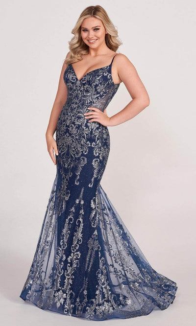 Ellie Wilde EW34056 - Glittered V-Neck Mermaid Prom Gown In Blue