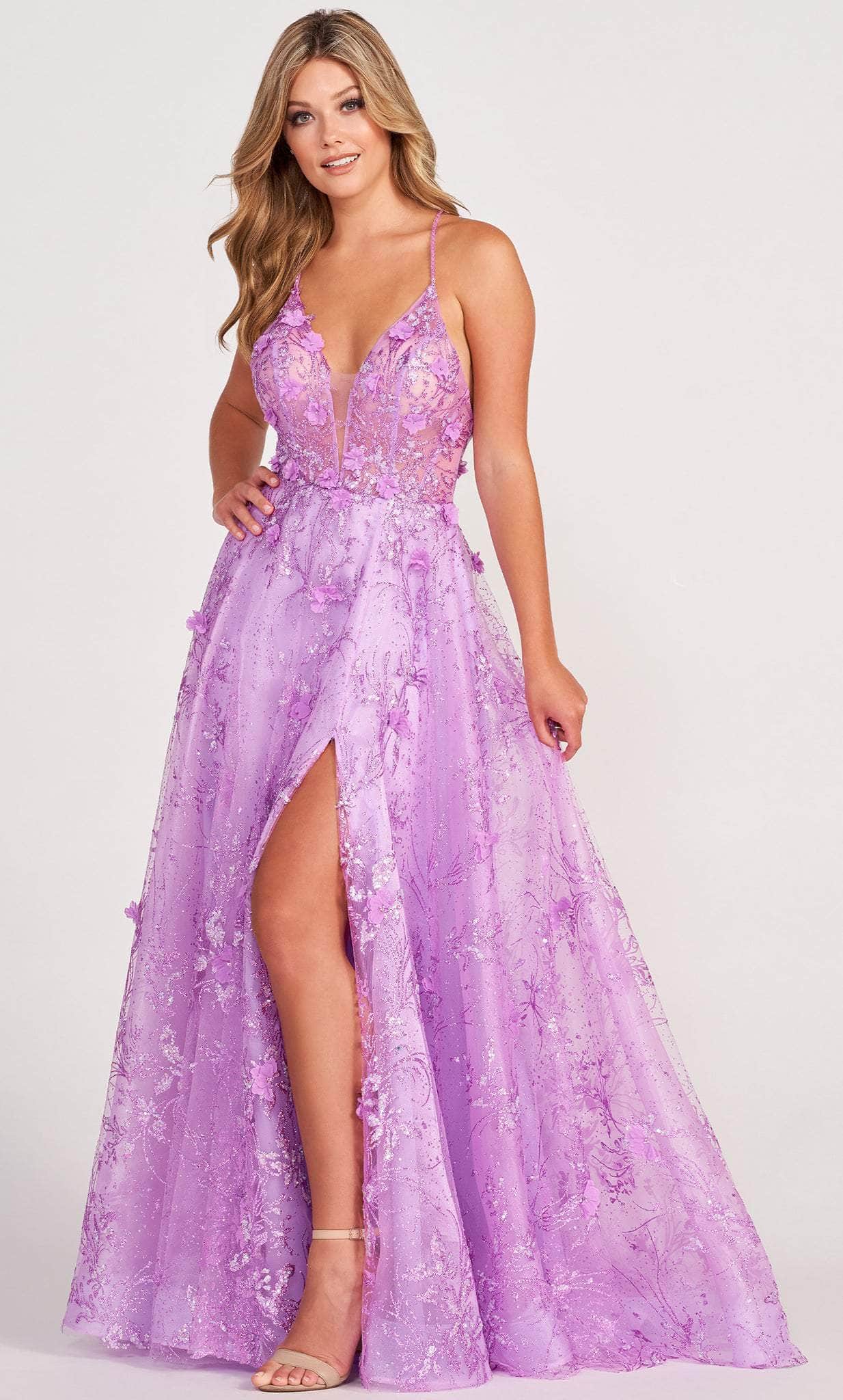 Ellie Wilde EW34102 - Deep Neck A-line Slit Gown Prom Dresses 00 / Lilac