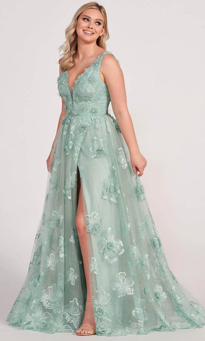 Ellie Wilde EW34121 - Embroidered Lace Slit A line Prom Dress 00 / Sage