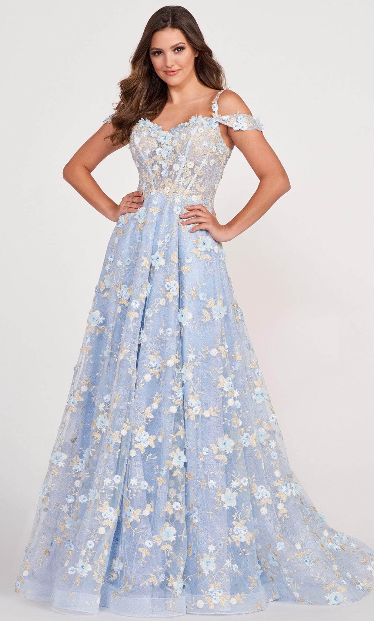 Ellie Wilde EW34122 - Floral Dreamy Embroidered A-line Dress Prom Dresses 00 / Lt Blue/Gold