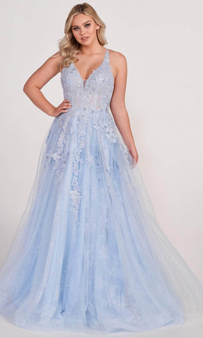 Ellie Wilde EW34123 - Plunging V Neck Multilayer Gown Evening Dresses 00 / Lt.Blue