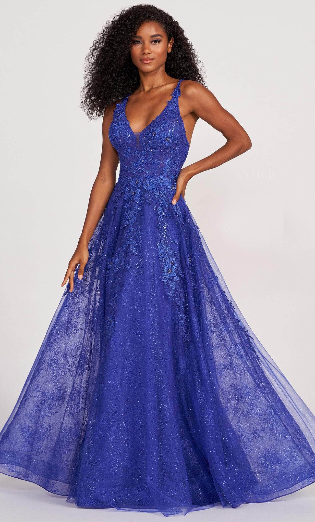 Ellie Wilde EW34123 - Plunging V Neck Multilayer Gown Evening Dresses 00 / Royal Blue