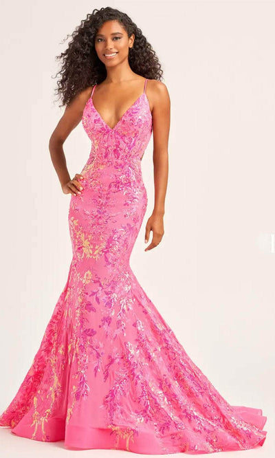 Ellie Wilde EW35011 - V-Neck Sequin Evening Dress Evening Dresses 00 / Hot Pink