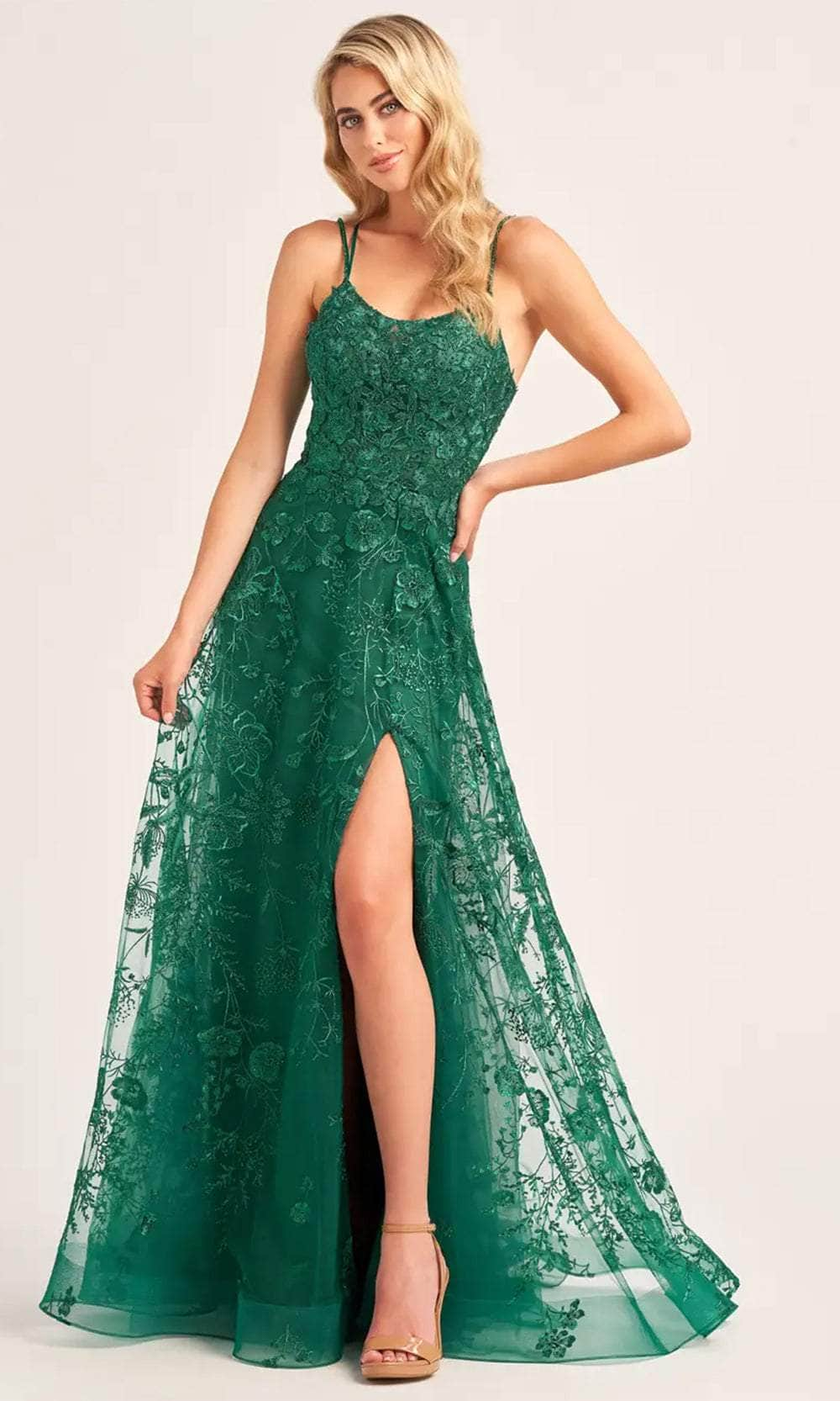 Ellie Wilde EW35012 - Floral High Slit Evening Dress Evening Dresses 00 / Emerald