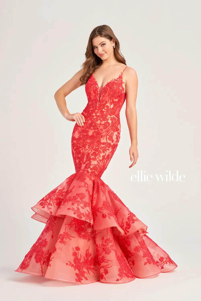 Ellie Wilde EW35038 - Tiered Plunging V-Neck Evening Dress