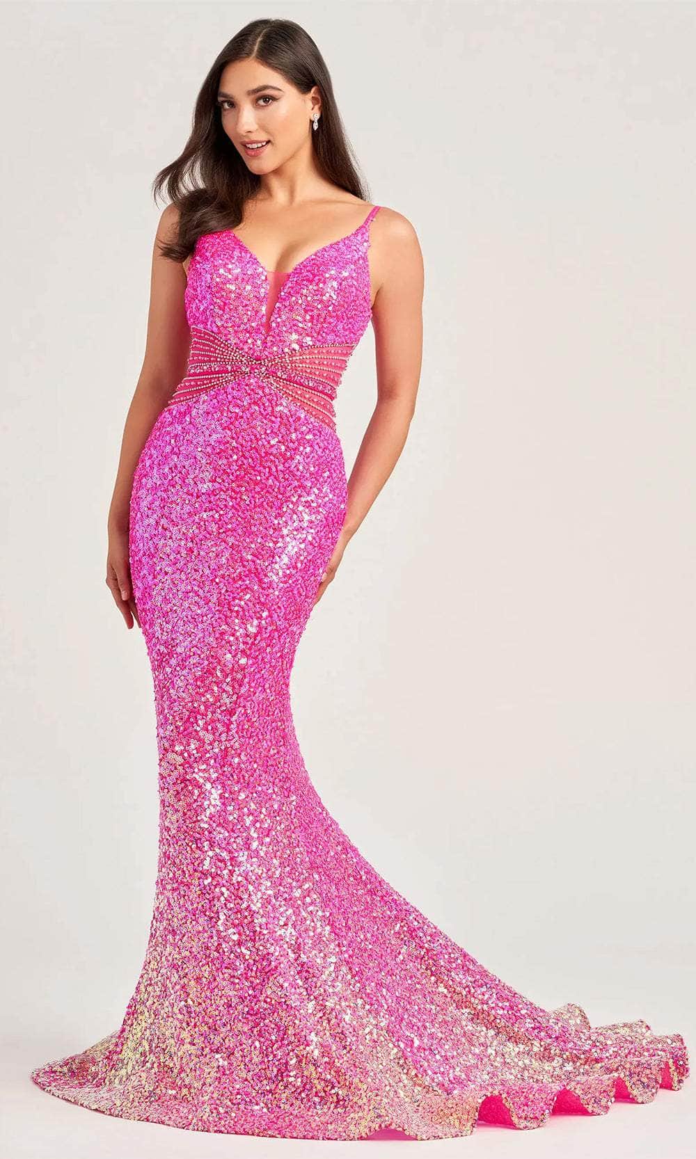 Ellie Wilde EW35044 - Rhinestone Embellished Sleeveless Prom Gown Pageant Dresses 00 / Hot Pink