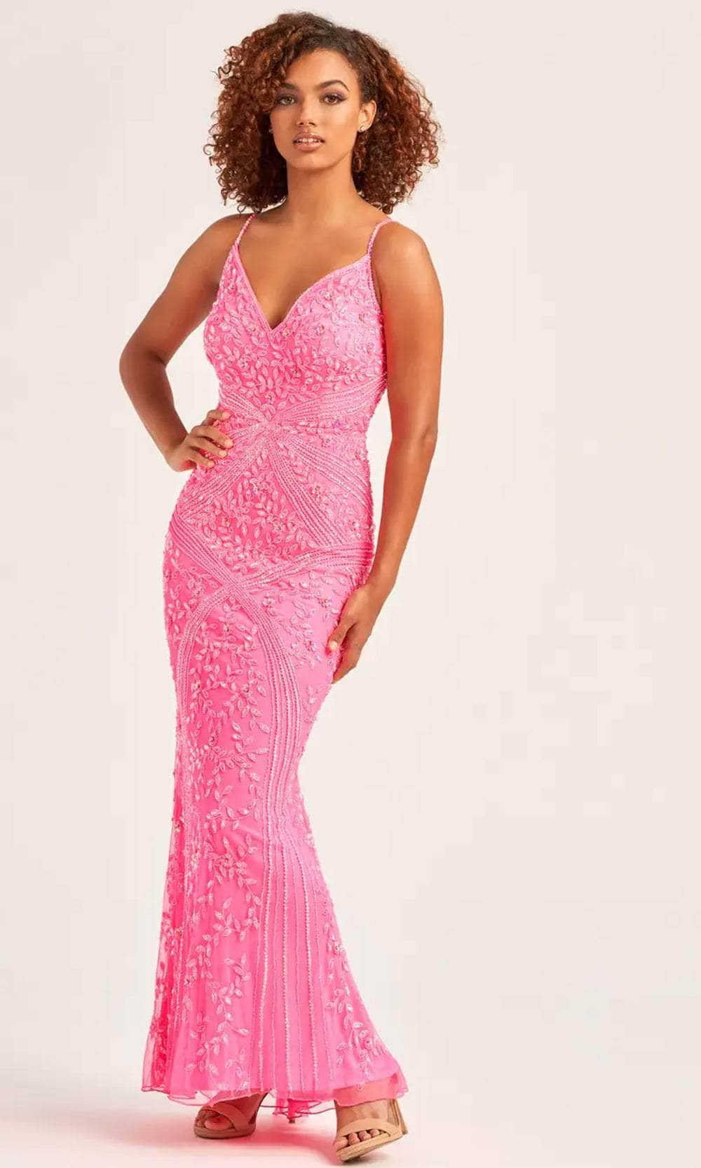 Ellie Wilde EW35065 - Fitted V-Neck Evening Dress Prom Dresses 00 / Hot Pink