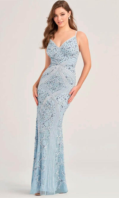 Ellie Wilde EW35065 - Fitted V-Neck Evening Dress Prom Dresses 00 / Misty Blue/White