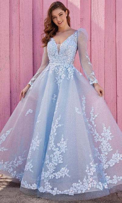 Ellie Wilde EW35106 - Plunging V-Neck Lace Applique Ballgown Ball Gowns 00 / Frost Blue
