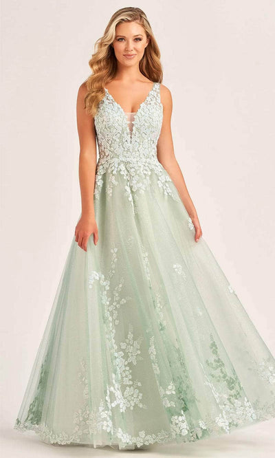 Ellie Wilde EW35106 - Plunging V-Neck Lace Applique Ballgown Ball Gowns 00 / Whispering Green