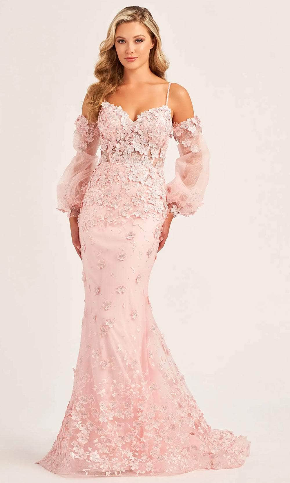 Ellie Wilde EW35107 - Three-Dimensional Flowers Corset Prom Gown Prom Dresses 00 / Blush