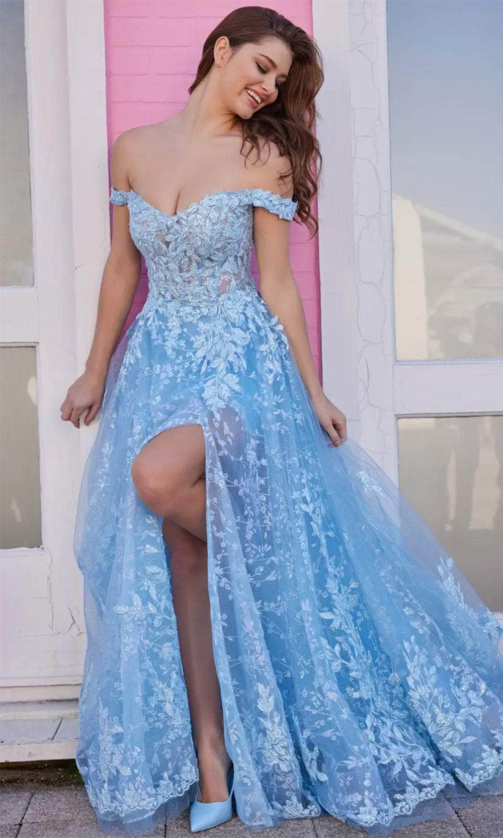 Ellie Wilde EW35116 - Lace Applique A-Line Prom Gown Prom Dresses 00 / Light Blue