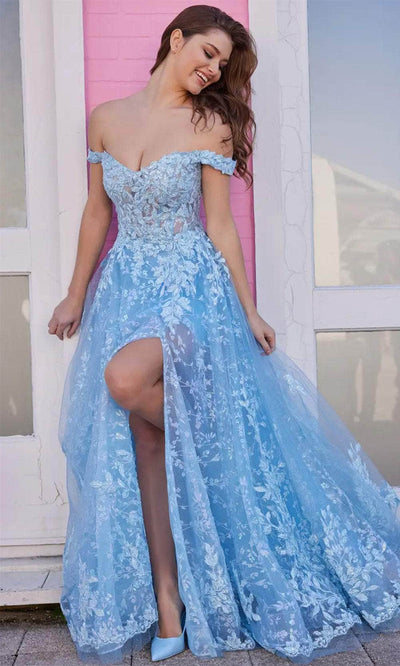 Ellie Wilde EW35116 - Lace Applique A-Line Prom Gown Prom Dresses 00 / Light Blue