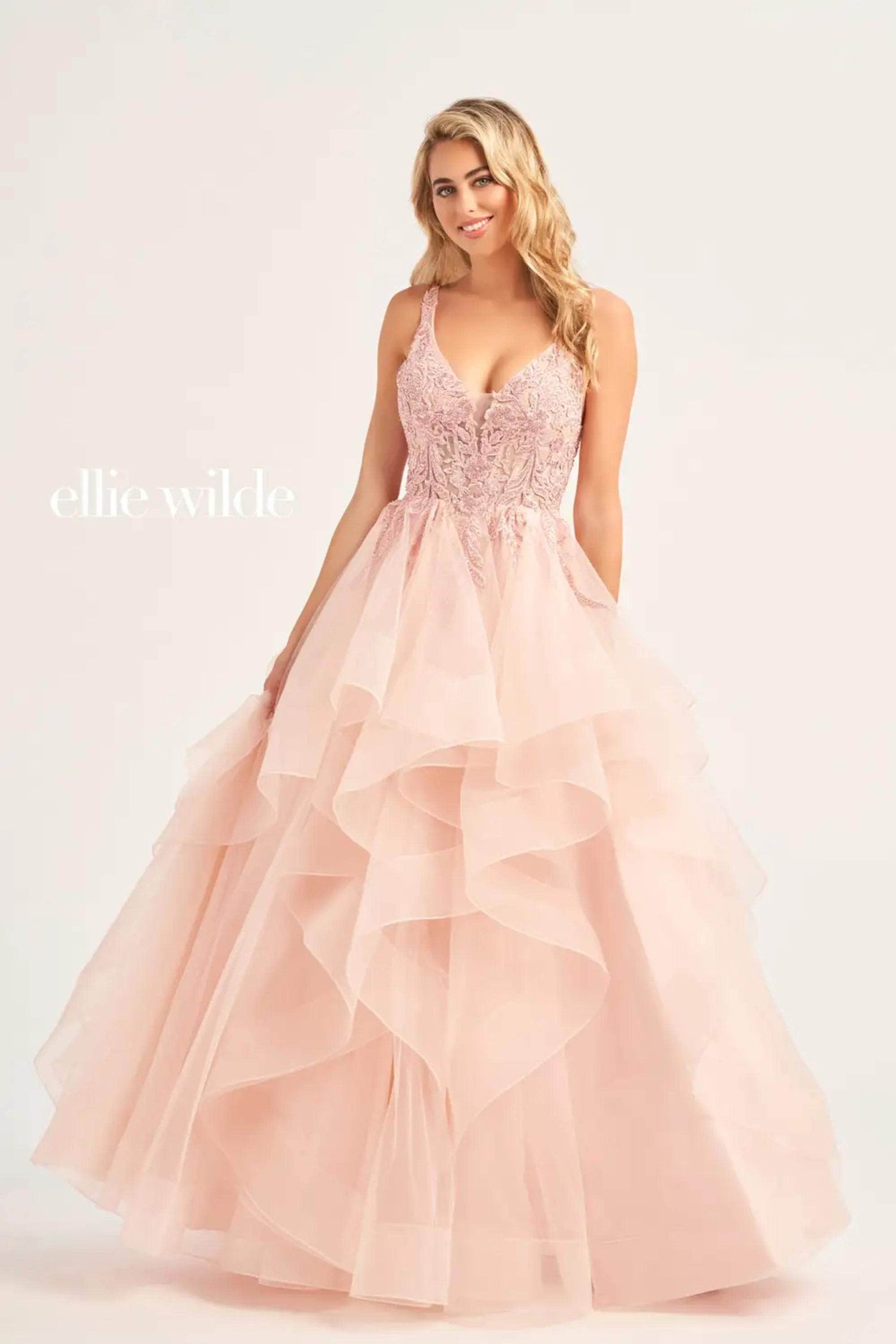 Ellie Wilde EW35119 - Ruffled Plunging V-Neck Ballgown