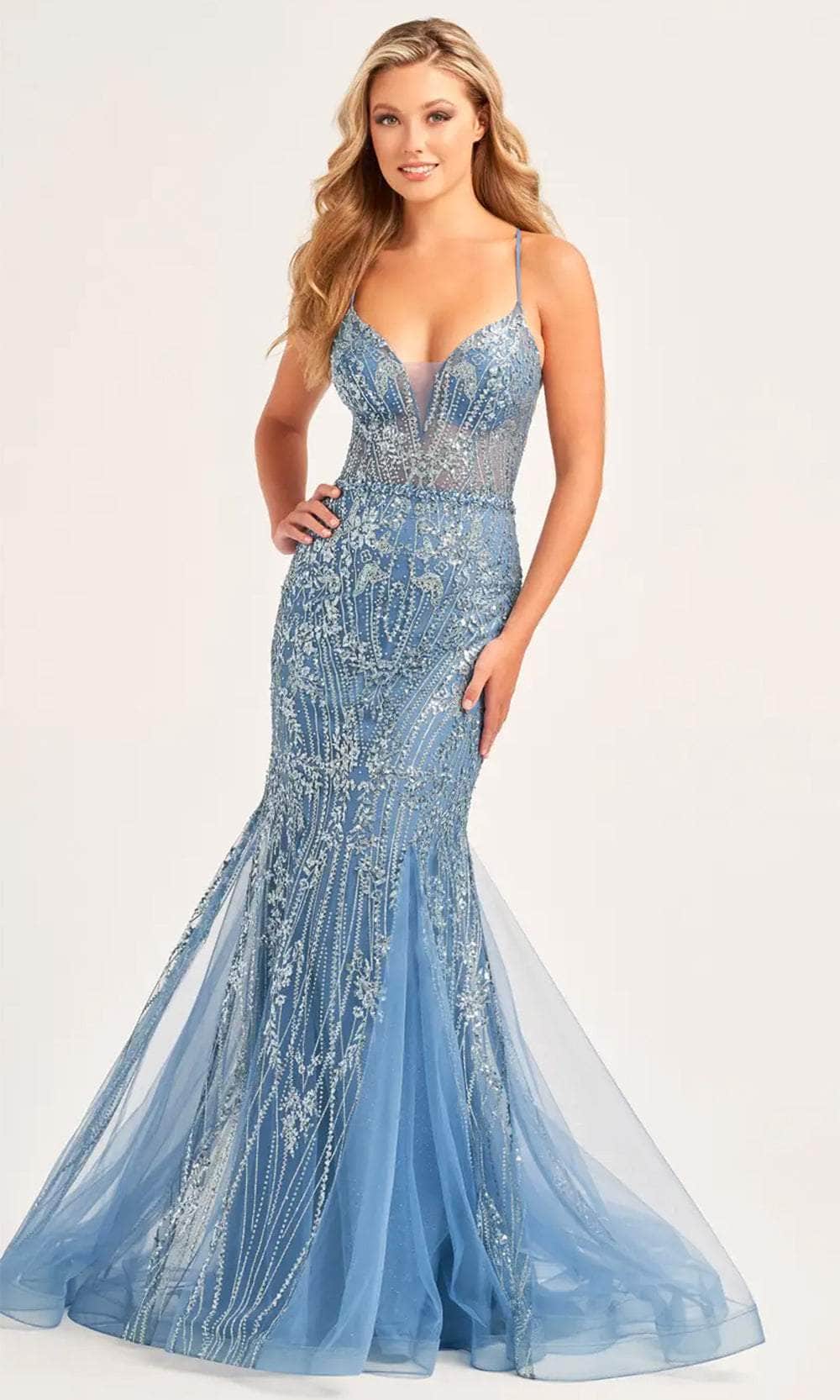 Ellie Wilde EW35236 - Cracked Ice Embellished Mermaid Prom Gown Prom Dresses 00 / Steel Blue