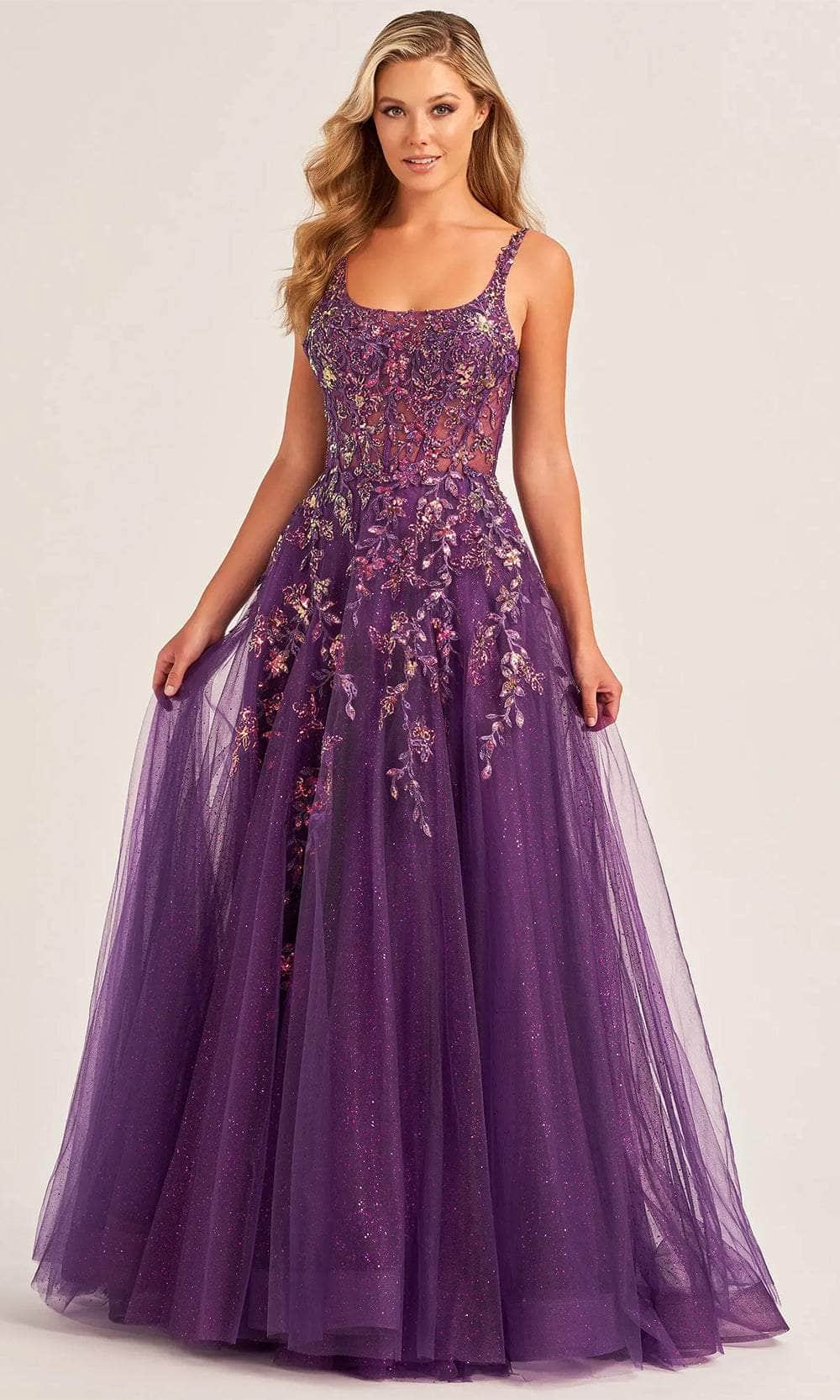 Ellie Wilde EW35242 - Embroidered Sleeveless A-Line Prom Gown Prom Dresses 00 / Dark Purple