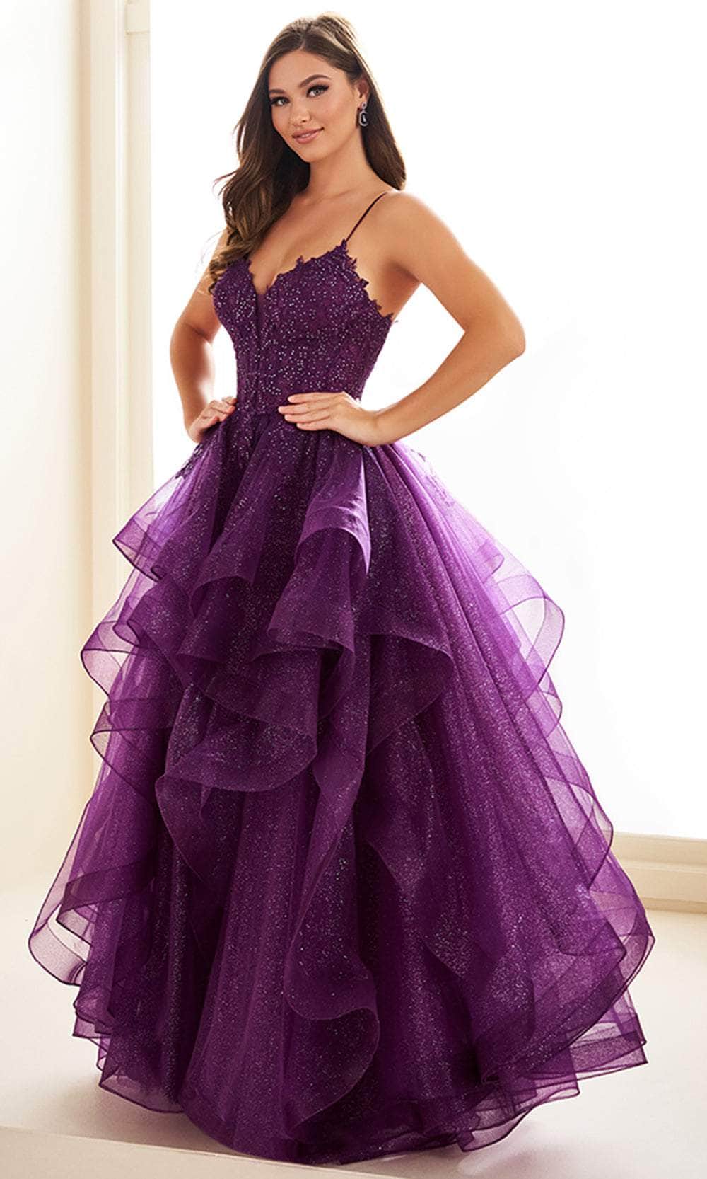 Ellie Wilde EW36203 - Spaghetti Strap Ruffled Prom Dress Prom Dresses / 00  Dark Plum