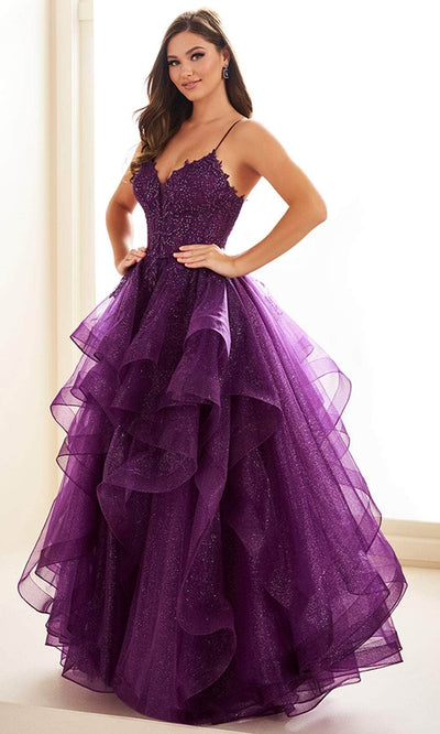 Ellie Wilde EW36203 - Spaghetti Strap Ruffled Prom Dress Prom Dresses / 00  Dark Plum