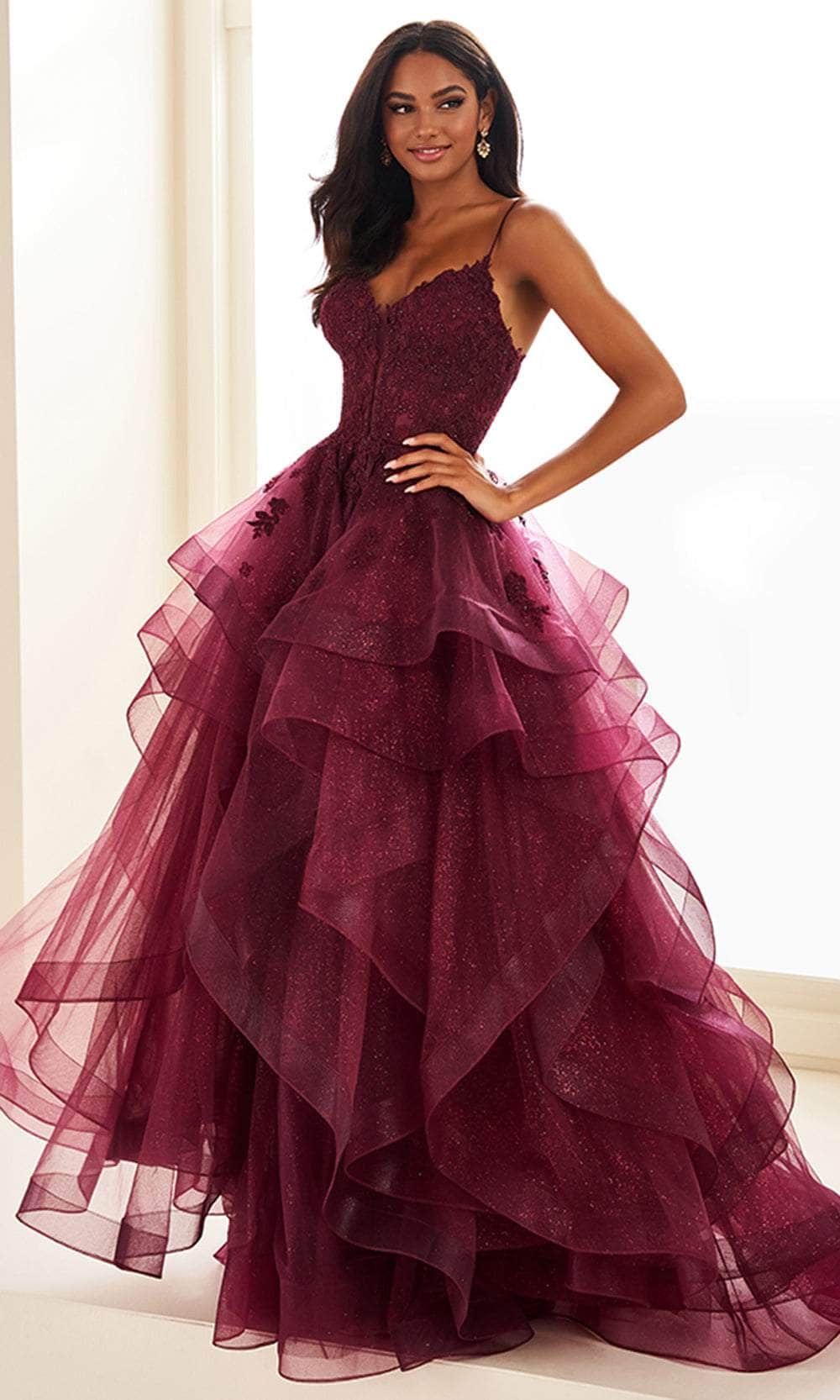 Ellie Wilde EW36203 - Spaghetti Strap Ruffled Prom Dress Prom Dresses / 00  Merlot