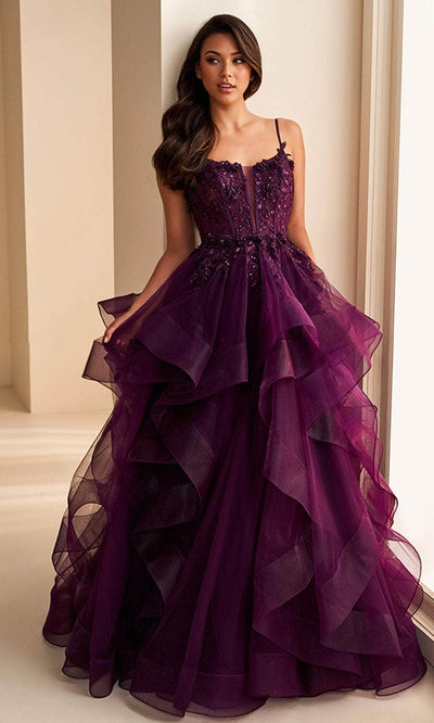 Ellie Wilde EW36225 - Floral Appliqued Lace-Up Prom Dress Ball Gowns / 00  Dark Plum