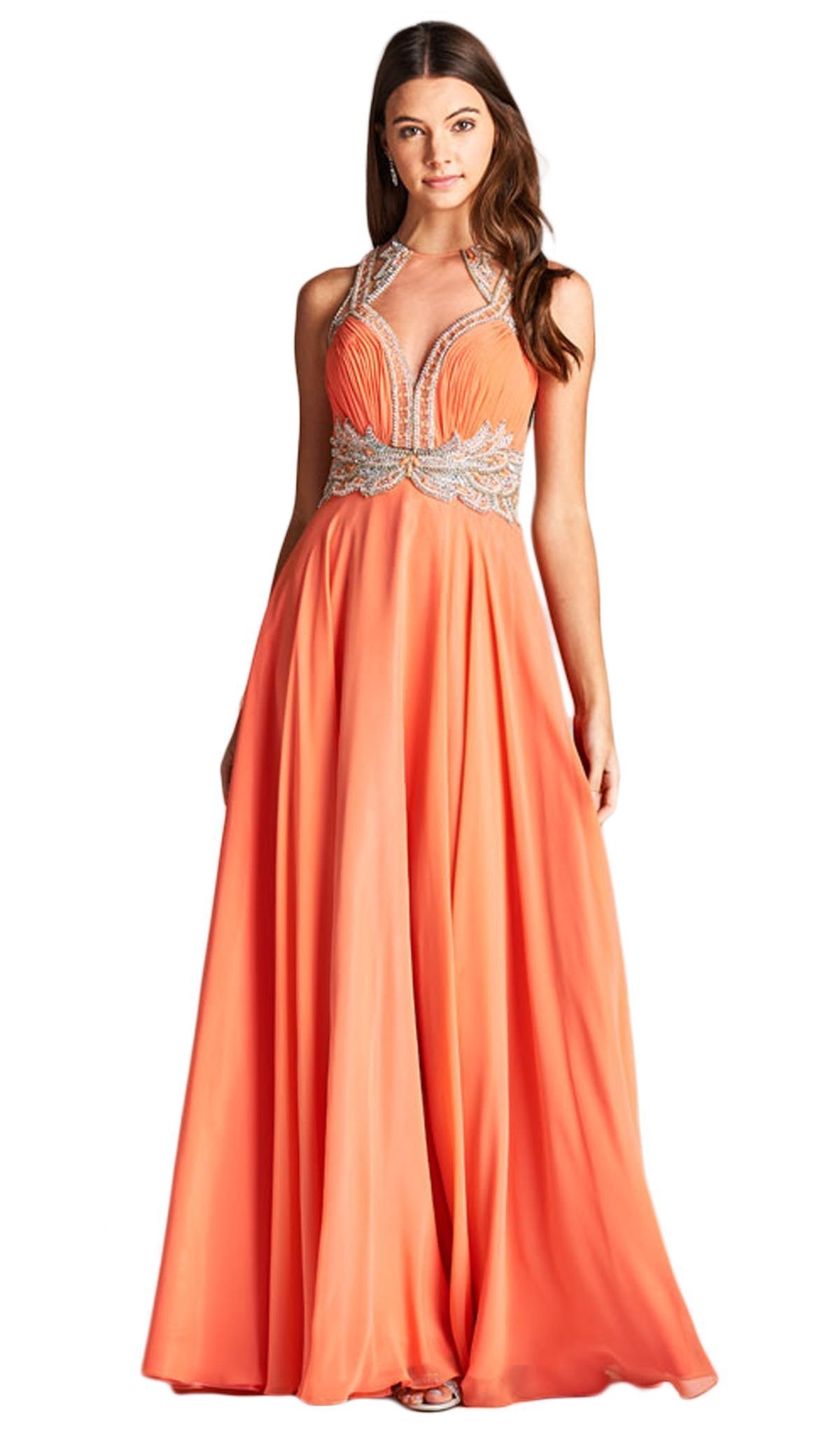 Embellished Illusion Jewel A-line Prom Dress Dress XXS / Coral