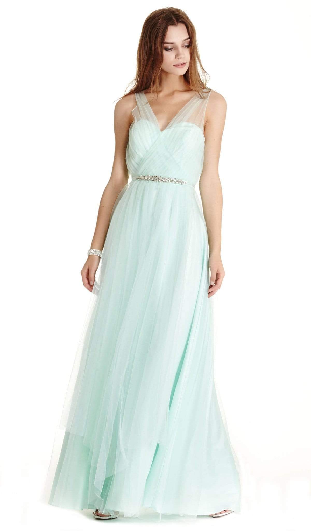 Embellished Illusion V-neck Mesh Evening Dress Prom Dresses XXS / Mint