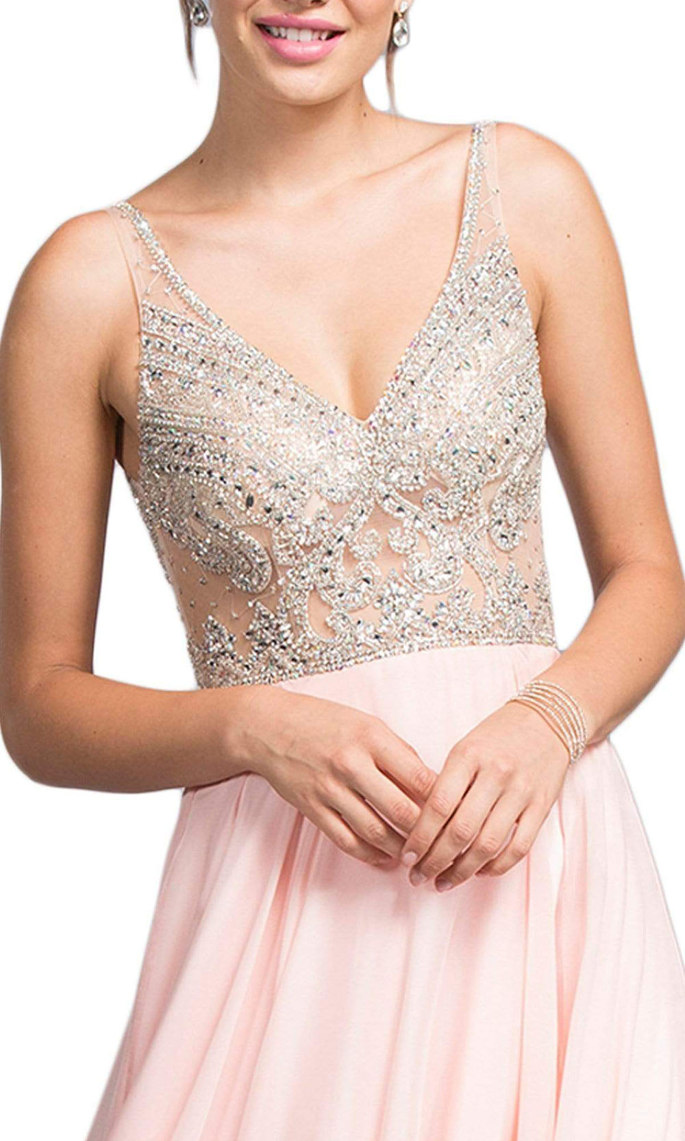 Trevi Collection - Ornate Bodice Chiffon A-Line Gown L2055SC In Pink