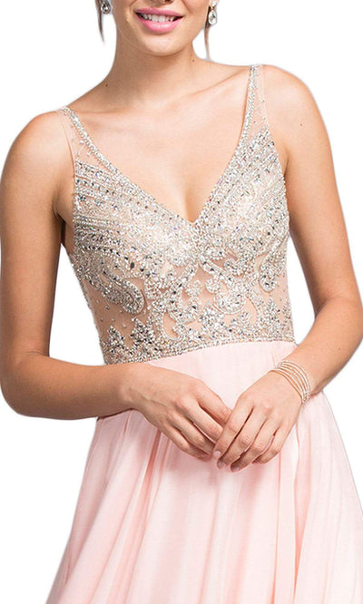 Trevi Collection - Ornate Bodice Chiffon A-Line Gown L2055SC In Pink