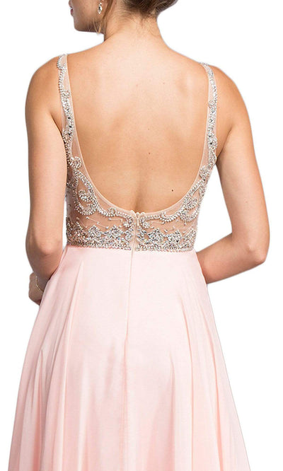 Trevi Collection - Ornate Bodice Chiffon A-Line Gown L2055SC In Pink