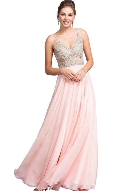 Trevi Collection - Ornate Bodice Chiffon A-Line Gown L2055SC In Pink