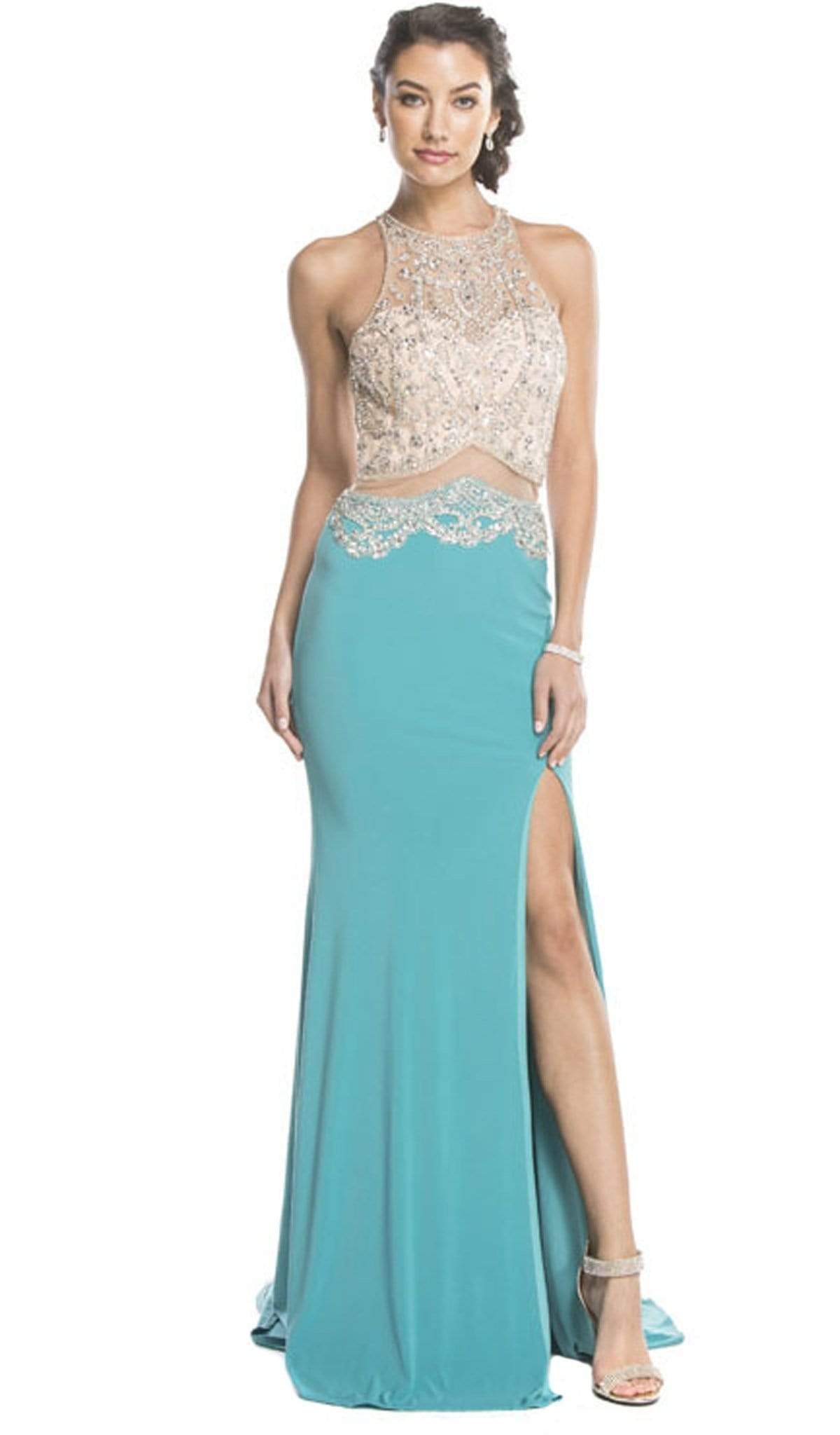 Embellished Sheer Fitted Evening Dress Dress XXS / Jade